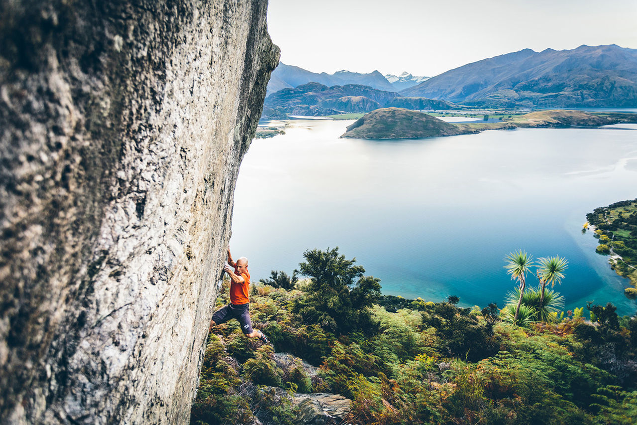 Rock Climbing and Bouldering above the lake and mountains Rock Climbing and Bouldering above the lake and mountains